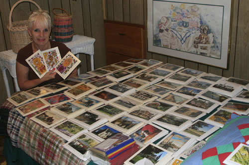 Gail Making Greeting Cards & Displaying Doodle Art Greeting Cards